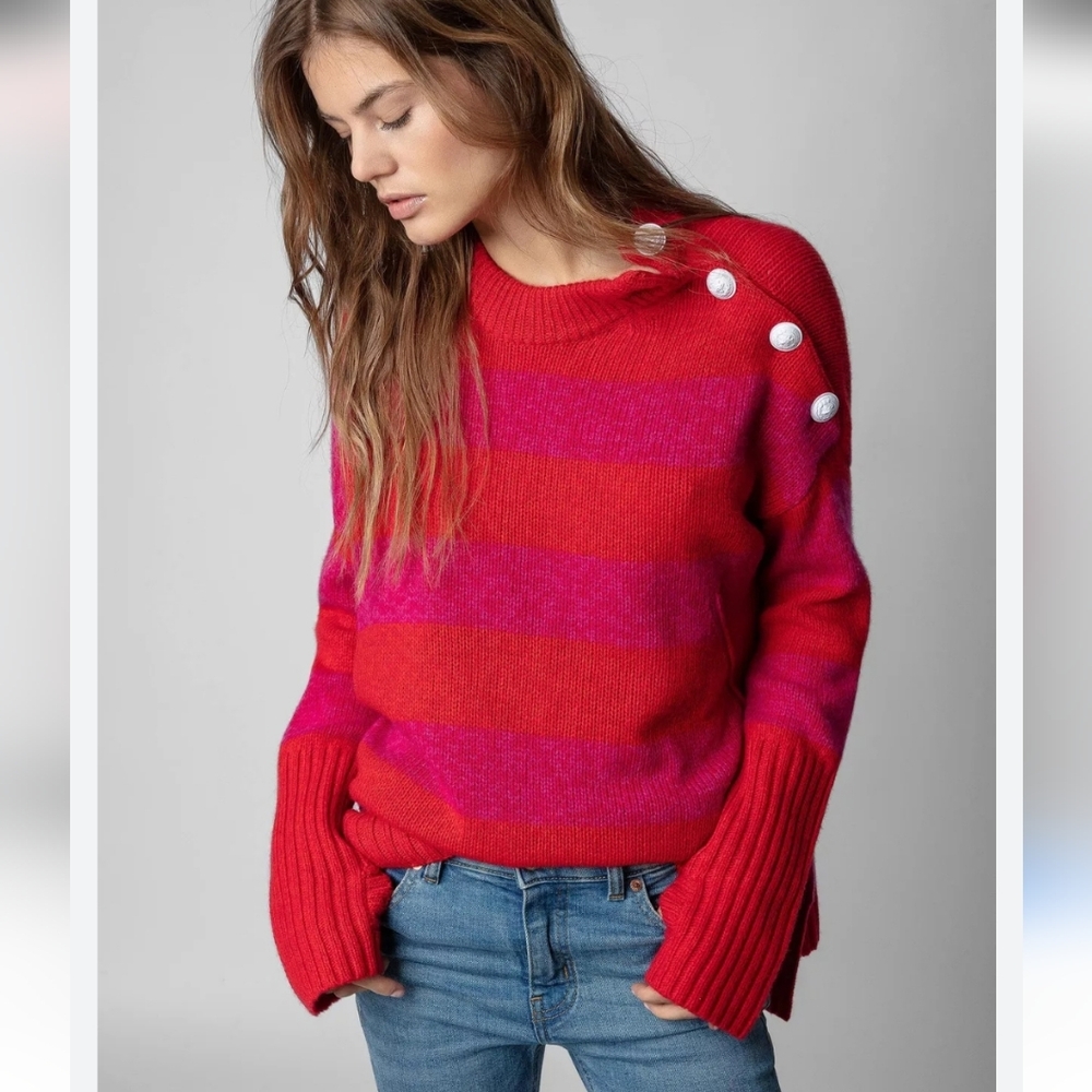 Zadig & Voltaire 100% Cashmere Malta Stripes Pullover Crewneck Sweater Size M.